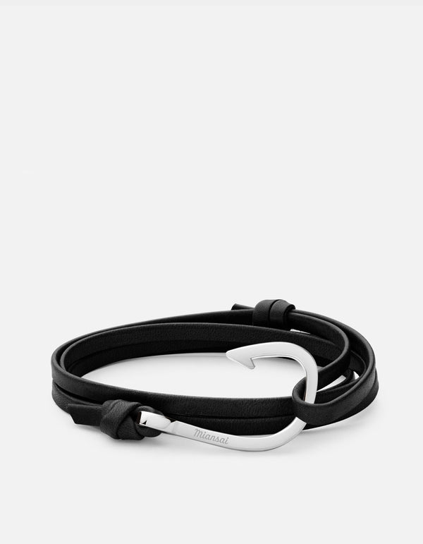Hook on Leather Bracelet, Polished Silver, Black