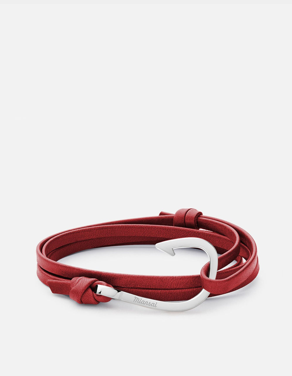 Hook on Leather Bracelet, Polished Silver, Red