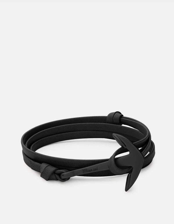 Anchor on Leather Bracelet, Noir, Black